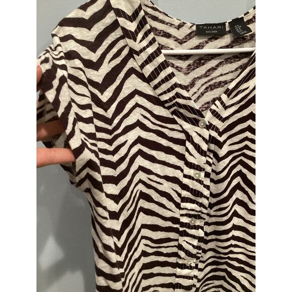 Tahari Womens Linen Zebra Print Button Up Short Sleeve Shirt Size Medium Brown - Picture 4 of 6